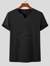 Mens Solid Ribbed Notched Neck T-Shirt SKUK09563