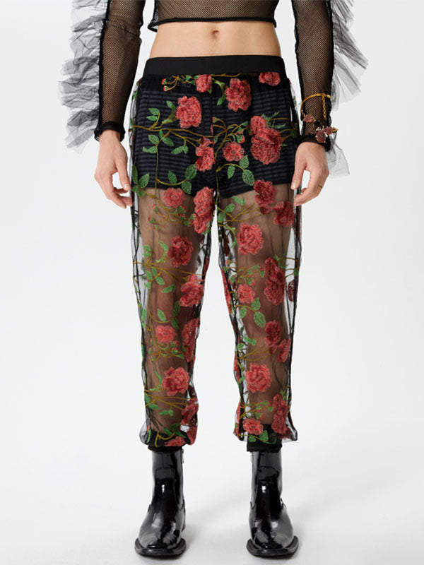 Mens Floral Embroidered Mesh See Through Pants SKUK51633