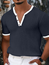 Mens Waffle Knit V-Neck Short Sleeve T-shirt SKUK64776