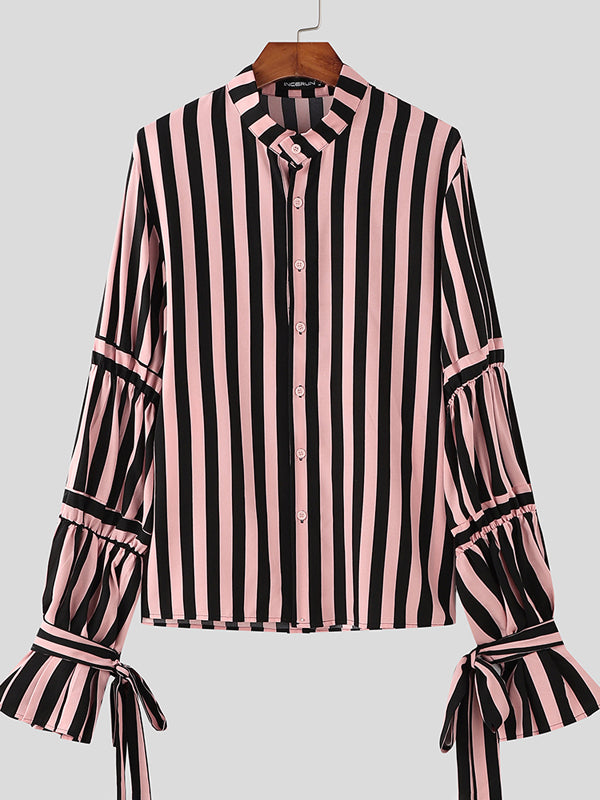 Mens Ribbon Tie Design Striped Long-Sleeve Shirt SKUK86649