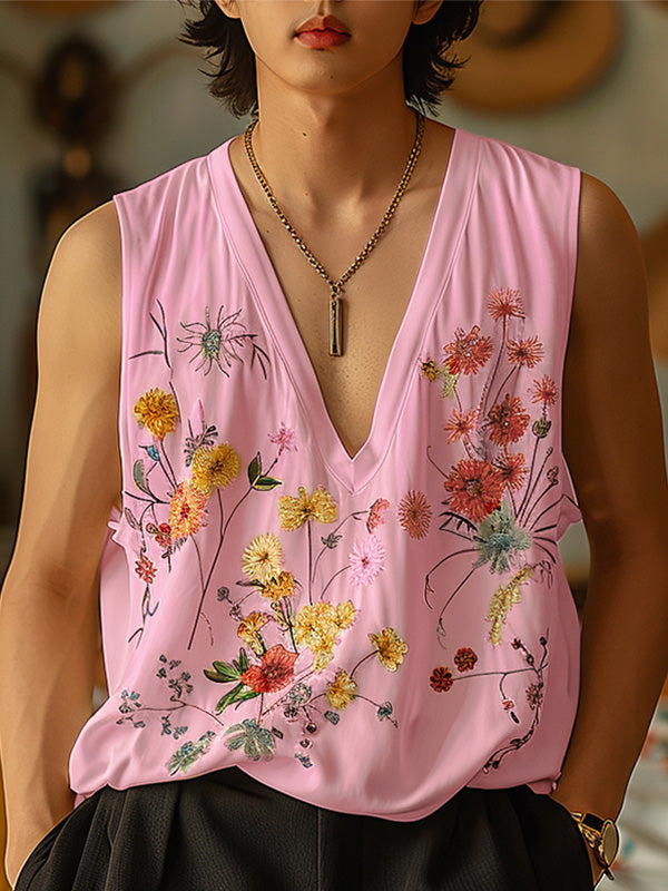 Mens Floral Print V-Neck Sleeveless Tank SKUK65103