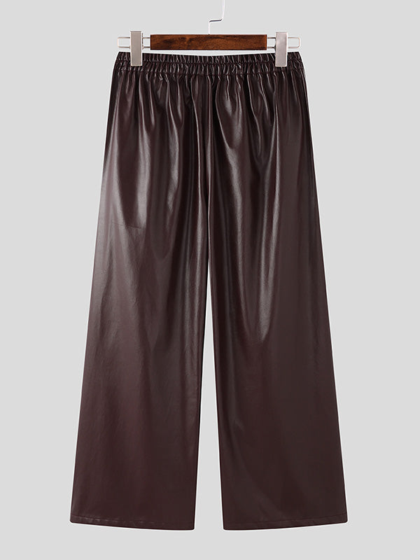 Mens Solid Color Leather Wide-Leg Pant SKUK88078