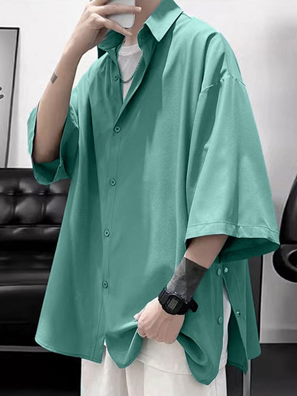 Mens Solid Color Draped 3/4 Sleeve Shirt SKUK65709