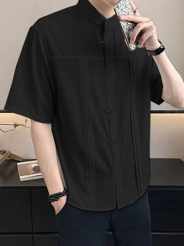 Mens Solid Color Pleated Design Short Sleeve Shirt SKUK63614