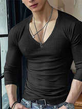 Mens Minimalist Textured Deep V-Neck T-Shirt SKUK70564