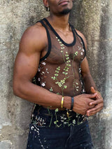 Mens Floral Embroidered See Through Sleeveless Vest SKUK53715