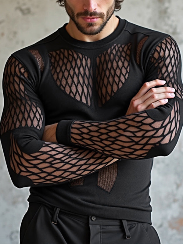 Mens Mesh Patchwork Sheer Long Sleeve T-Shirt SKUK84747