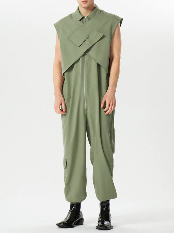 Mens Cross Design Solid Sleeveless Cargo Jumpsuit SKUK43878