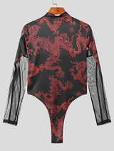 Mens Dragon Print Mesh Patchwork Bodysuit SKUK42103