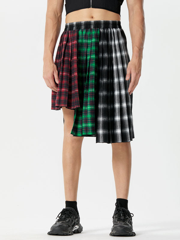 Mens Irregular Pleated Plaid Patchwork Skirt SKUK37261