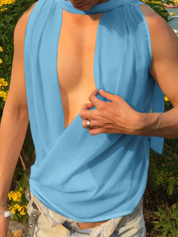 Mens Sheer Cowl Neck Tie-Strap Tank SKUK68479