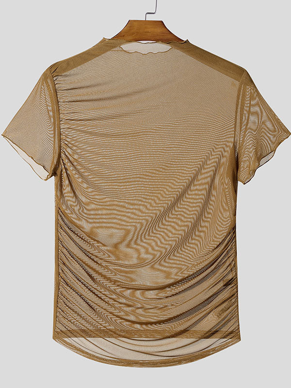 Mens Pleated Mesh Sheer Short Sleeve T-Shirt SKUK92611