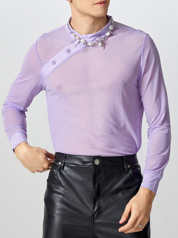 Mens Diagonal Placket Sheer Stand Collar Shirt SKUK66082