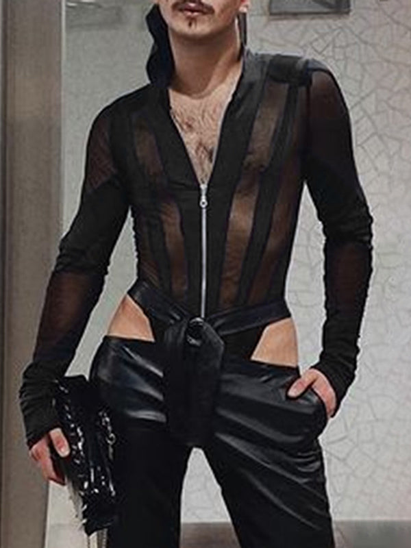 Mens Sheer Mesh Zipper Long-Sleeve Bodysuit SKUK93690