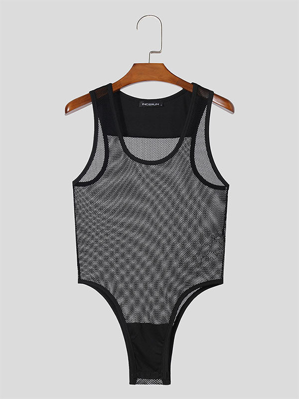 Mens Mesh Patchwork See Through Sleeveless Bodysuit SKUK46273