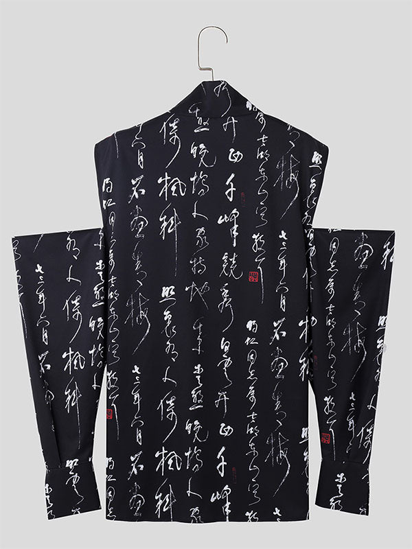 Mens Chinese Calligraphy Print Cutout Sleeve Shirt SKUK43010