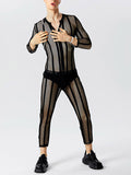 Mens Striped Mesh See Through Zip Bodysuit SKUK15575