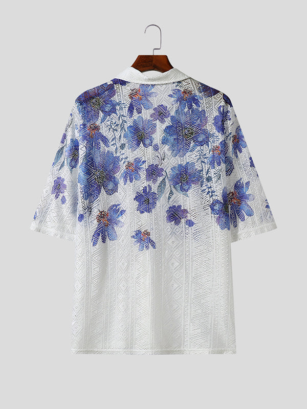 Mens Floral Print Lace Short Sleeve Shirt SKUK23657