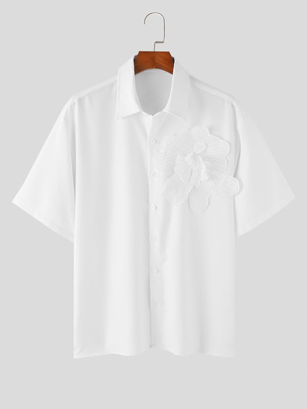 Mens Solid Floral Lapel Collar Short Sleeve Shirt SKUK61145