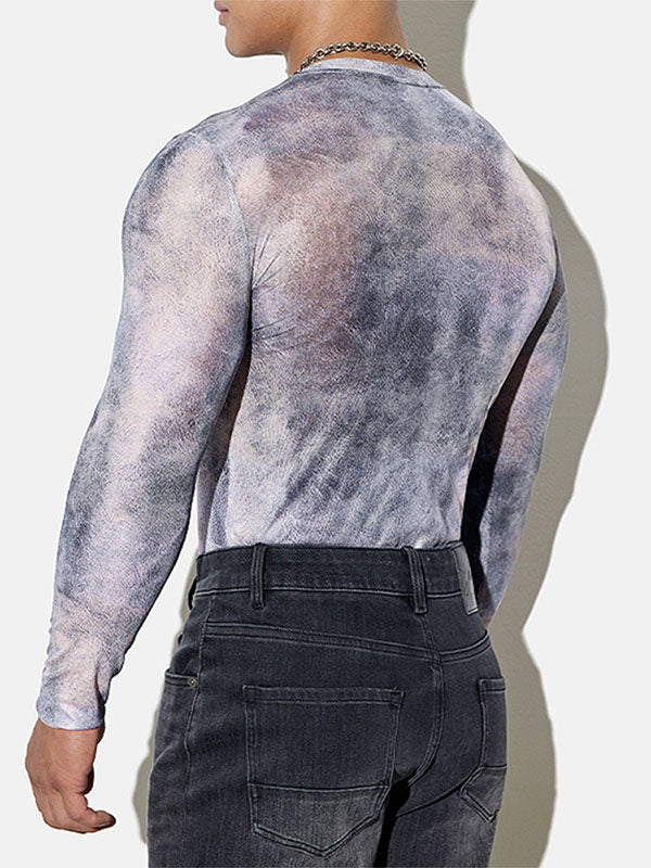 Mens Tie-Dye Mesh Fitted Long-Sleeve T-Shirt SKUK93683