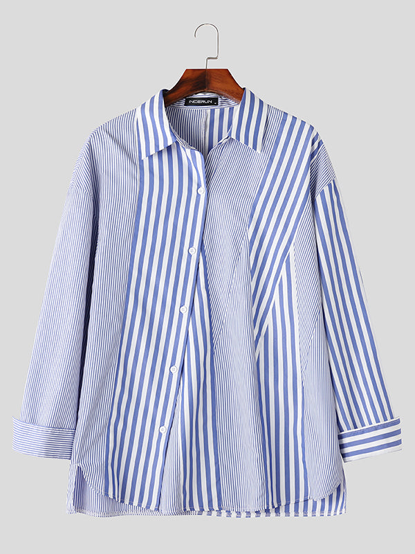 Mens Irregular Striped Patchwork Lapel Casual Shirt SKUK41846