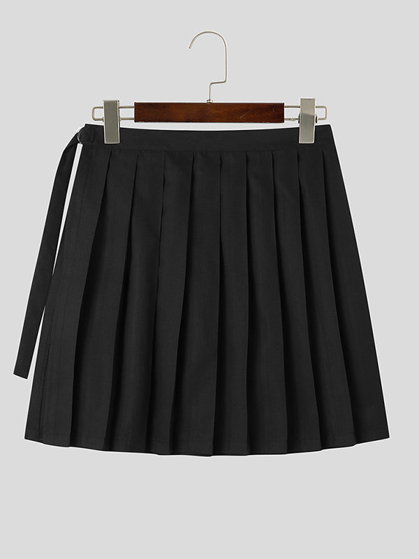 Mens Solid Pleated Metal Buckle Waist Skirt SKUK19626