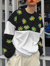 Mens Daisy Print Patchwork Long Sleeve T-Shirt SKUK80423