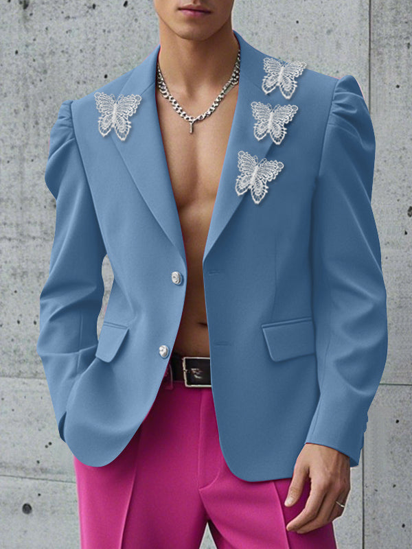 Mens Butterfly Embroidery Patchwork Long Sleeve Blazer SKUK94687