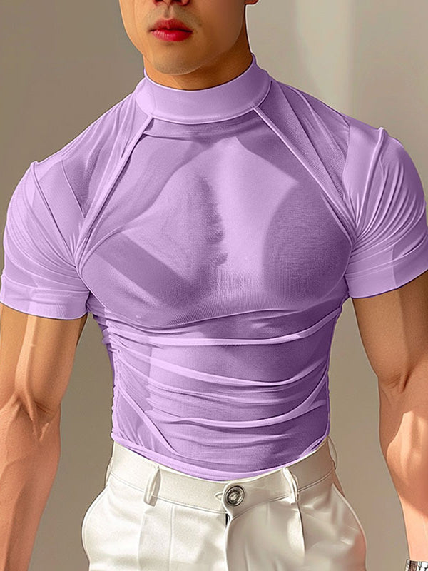 Mens Sexy Sheer Mesh Mock Neck T-Shirt SKUK65164