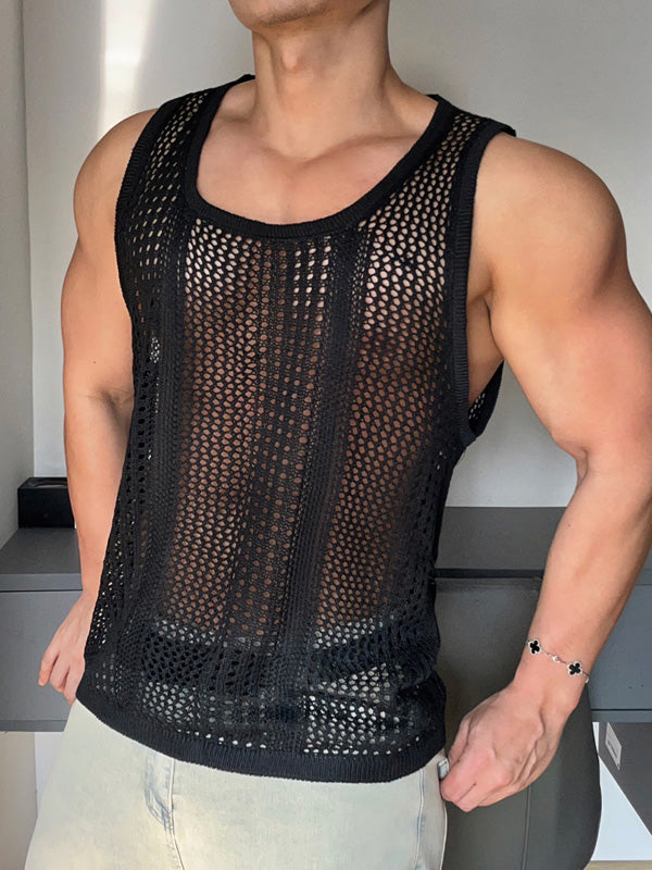 Mens Solid Mesh See Through U-Neck Vest SKUK57934