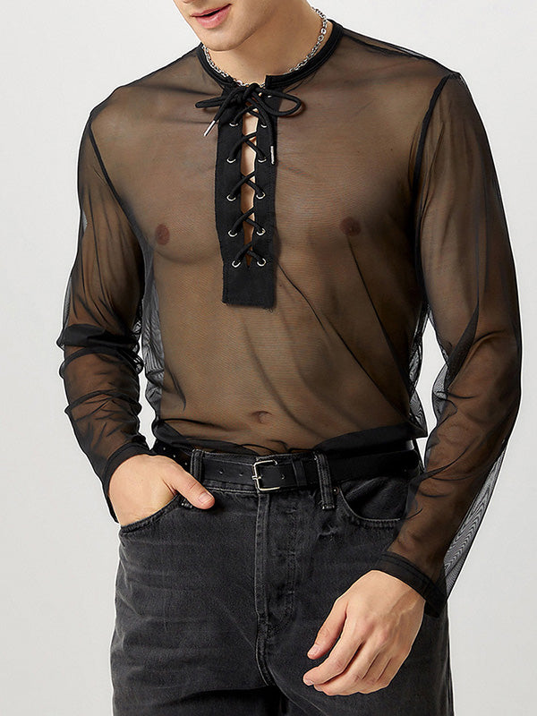 Mens Lace-Up Mesh See Through T-Shirt SKUK34755