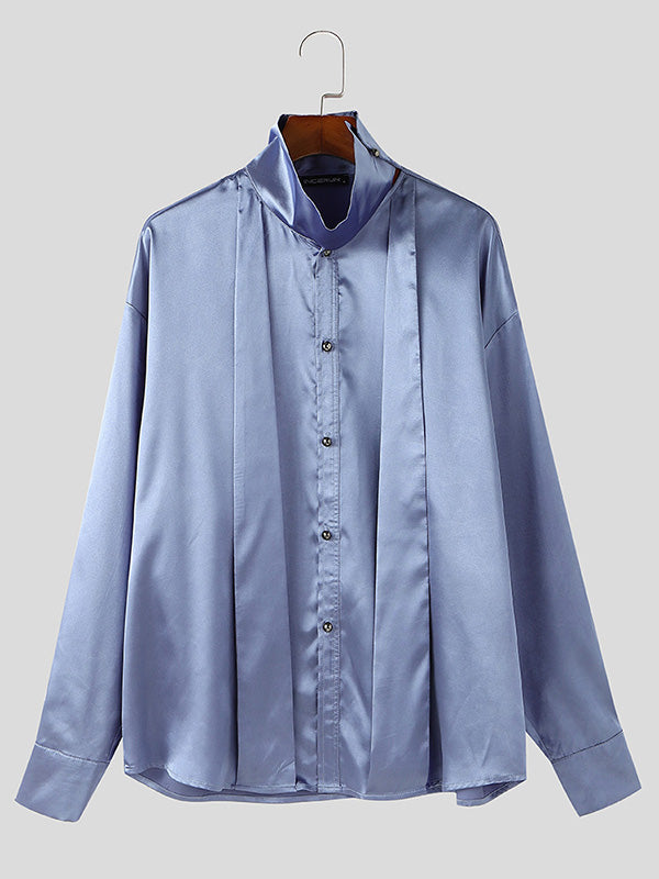 Mens Satin Pleated Design Long-Sleeve Shirt SKUK92781