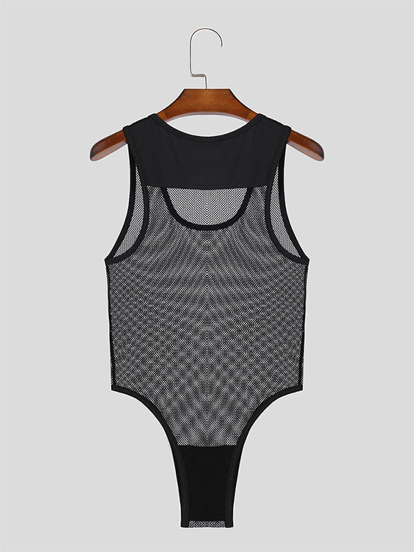 Mens Mesh Patchwork See Through Sleeveless Bodysuit SKUK46273