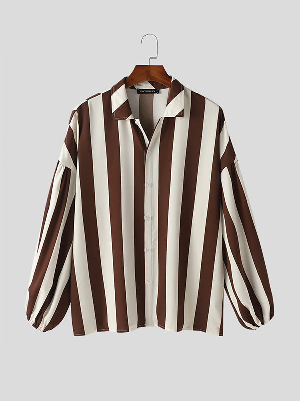 Mens Striped Lapel Lantern Sleeve Casual Shirt SKUK49394