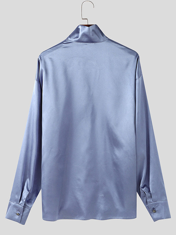 Mens Satin Pleated Design Long-Sleeve Shirt SKUK92781