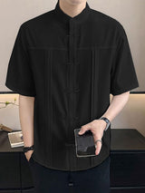 Mens Solid Color Pleated Design Short Sleeve Shirt SKUK63614