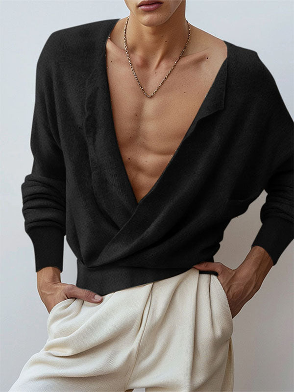 Mens Asymmetrical Deep V-Neck Long Sleeve Cardigan SKUK79712