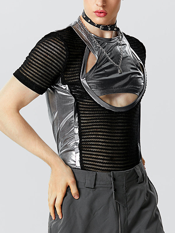 Mens Metallic Patchwork Cutout Deconstruction T-Shirt SKUK17896