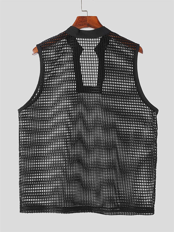 Mens Solid Mesh See Through Sleeveless Vest SKUK64326