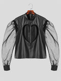 Mens Cutout PU Leather Mesh Patchwork Shirt SKUK42896