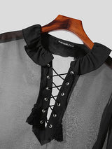 Mens Ruffle Lace-Up Neck See Through Shirt SKUK25640