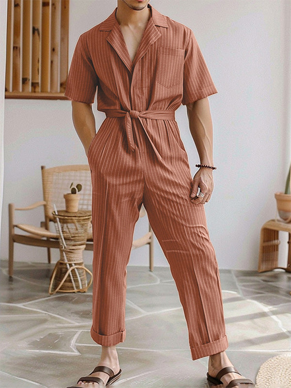 Mens Striped Tie Waist Short Sleeve Jumpsuit SKUK65533