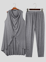 Mens Draped Neck Hoodie Sleeveless Two Pieces Outfit SKUK84351