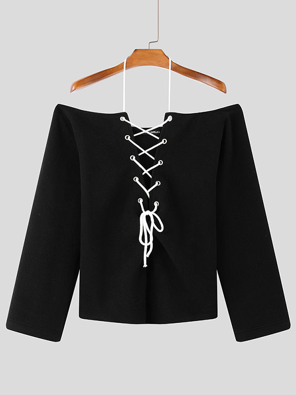 Mens Lace-Up Cross Design Long-Sleeve T-Shirt SKUK86903