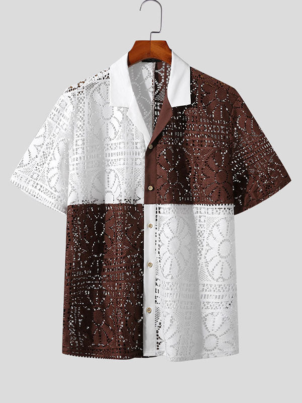 Mens Windowpane Pattern Patchwork Knit Shirt SKUK08336