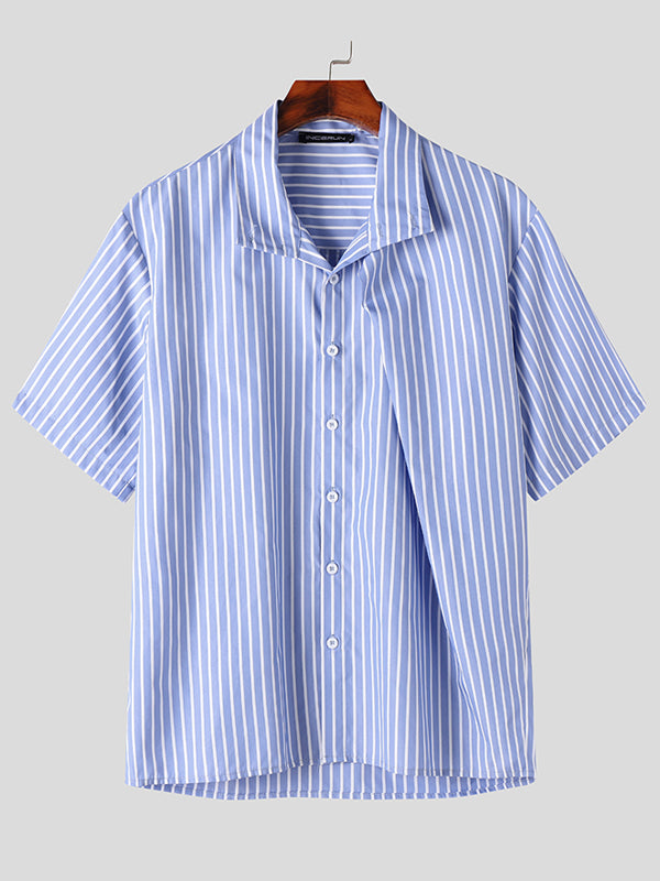 Mens Striped Lapel Collar Short Sleeve Shirt SKUK63605