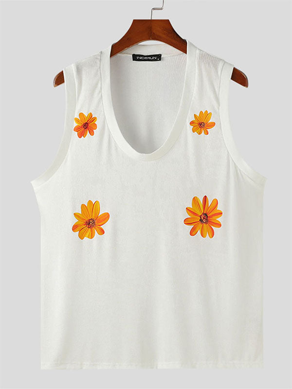 Mens Floral Print Hollow-Out V-Neck Tank SKUK68149