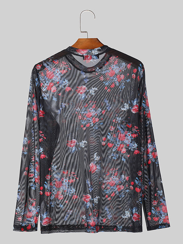 Mens Floral Print See Through Long Sleeve T-Shirt SKUK52800