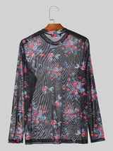 Mens Floral Print See Through Long Sleeve T-Shirt SKUK52800