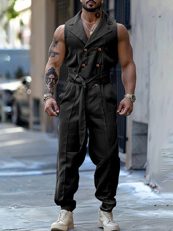 Mens Double-Breasted Solid Color Sleeveless Jumpsuit SKUK79182